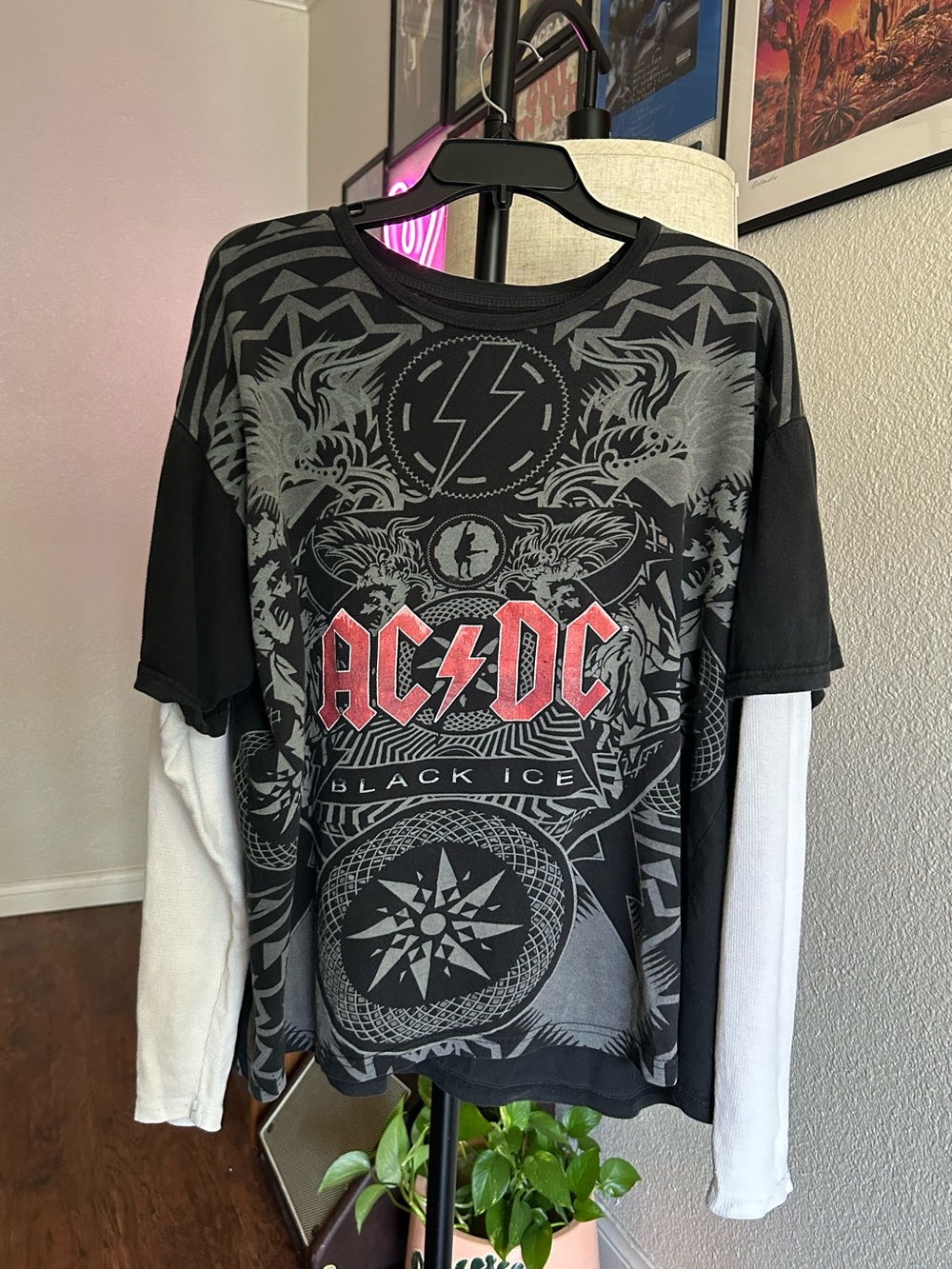 Y2K AC/DC Black & White Layered-Look Long Sleeve Tee with Red Logo -XL